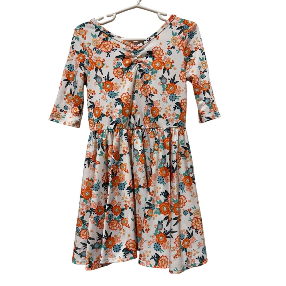 Dot Dot Smile Ballerina Twirl Dress White Orange teal flowers Size 3/4